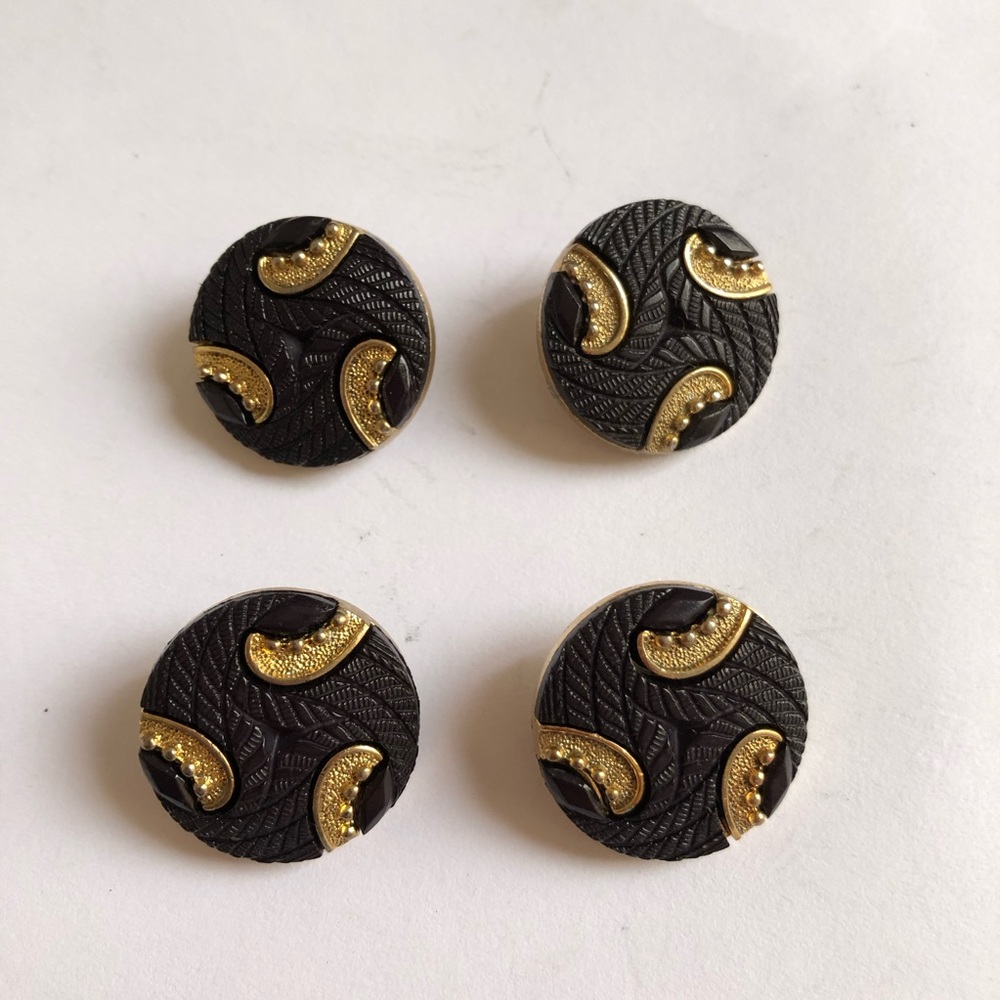 Vintage Black Glass Button Self Shank Gold Tone Accent Lot of 4 Excellent
